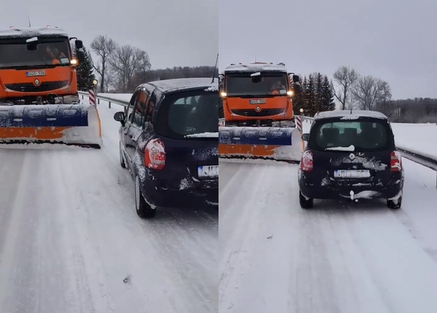 Sniego valytuvo ir lengvojo automobilio akistata: kaip pasielgtumėte jūs?