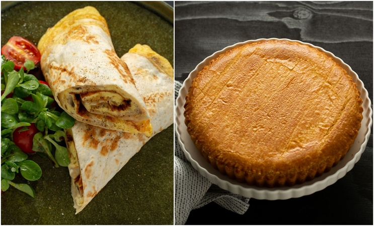 Savaitgalio pusryčiams – omletas su pievagrybiais tortilijoje ir trapus varškės pyragas