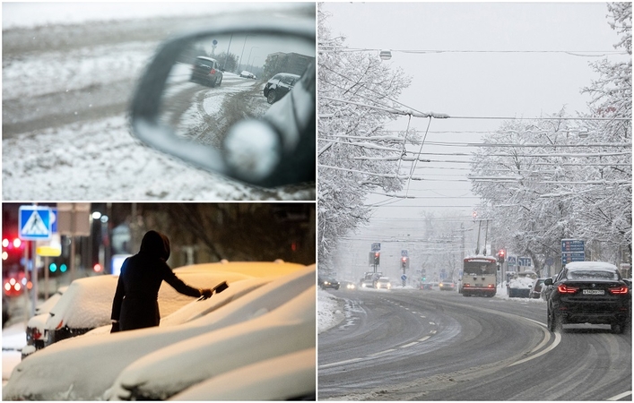 Vairuokite atidžiai: sudėtingos eismo sąlygos – beveik visoje Lietuvoje, dieną jas sunkins snygis