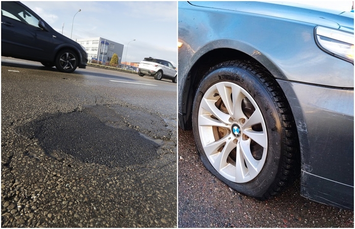 Pakeliui į darbą – nemalonumai: toje pačioje duobėje padangas prakirto penki automobiliai