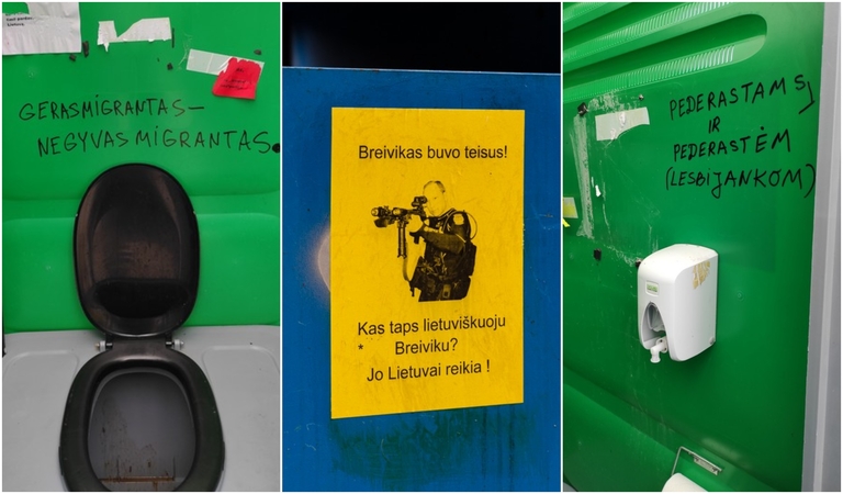 Nesantaikos kurstymas: plakatai su šokiruojančiais tekstais išklijuoti ant šiukšlių konteinerių