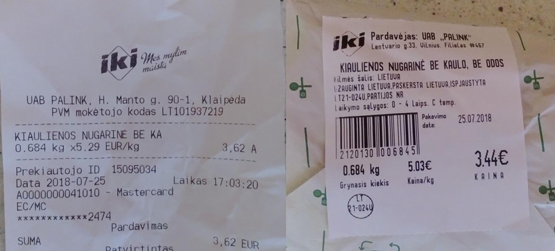 Skirtumas: klaipėdietis liko nesupratęs, kaip kiaulienos nugarinė per keletą minučių tapo brangesnė beveik 20 centų.