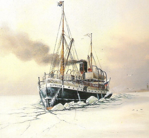 Praeitis: garlaivis „Express“ dailininko Gustafo Akselio Brolingo 1888 m. piešinyje.