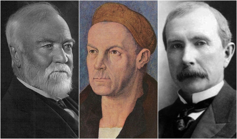 Iš kairės: A. Carnegie, J. Fuggeris ir J. D. Rockefelleris