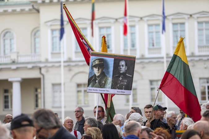 Mitingas S. Daukanto aikštėje: piktinamasi dėl nukabintos Generolo Vėtros lentos 