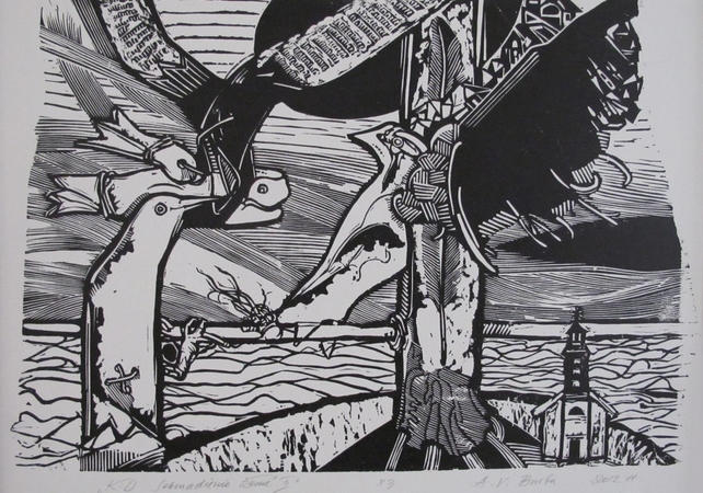 A.V.Burbos estampas „Sekmadienio žemė II“ (2012, linoleumo raižinys, fragmentas).